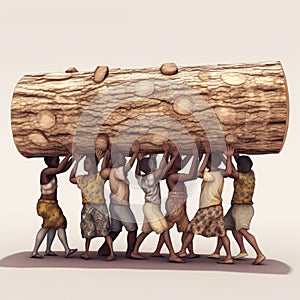 small figuring people carrying a big log together on white background photo