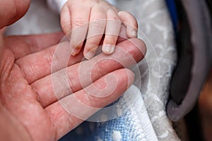 Small fingers, hands of a newborn baby in a man`s hand close-up . small depth of focus area