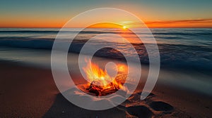 A Small Fire Burning on a Sandy Beach at Sunset
