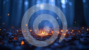 Small Fire Glowing in Dark Blue Forest at Night