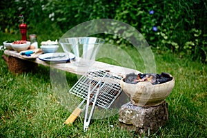 Small fire pit with the background of ingredients on a wooden board on wood stumps on the grass