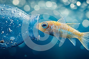 Small fish with plastic bottle waste in ocean or river