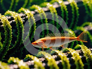 A small fish swimming in a green algae-covered aquarium.