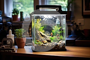 a small fish tank turned into a terrarium