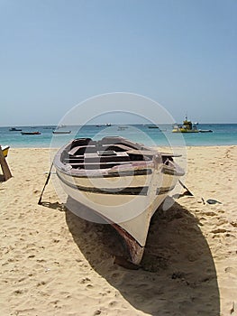 Small fishing boat on the beach at santa maria on Sal, Cape Verde