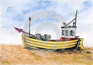 Small fishing boat on sandy beach