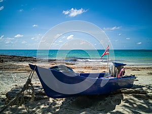 A small fishing boat with a Thai flag parked at the beach under the shade of a tree