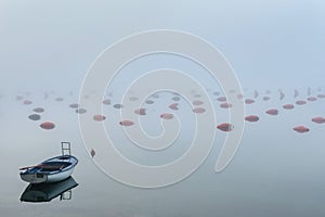 Small fishing boat in the Village at Boka Kotor Bay in the morning fog, Montenegro