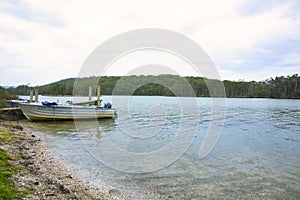 Small fishing boats docking at wooden pier in rural area of Lake Conjola, Australia.