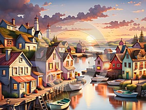 Small Fishing Boats in the Harbor, Colorful Cottages, and a Pastel-colored Sky as the Sun Sets