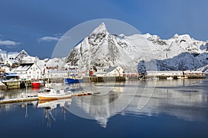 Small fishing harbor on Hamnoy Island during winter time, Lofoten Islands