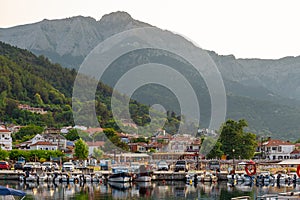 Small fishing port of village of Skala Potamia in Thassos Island, Greece. Tranquil sunset view