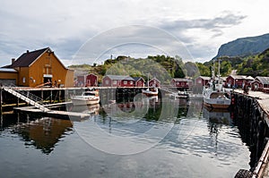 Small fishing village of Nusfjord with wooden houses in Lofoten, Norway.