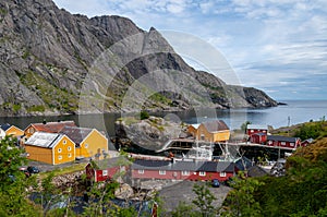 Small fishing village of Nusfjord with wooden houses in Lofoten, Norway.