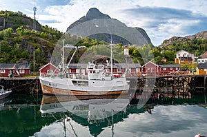 Small fishing village of Nusfjord with wooden houses in Lofoten, Norway.