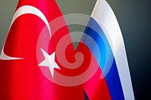 Small flags of Turkey and Russia as a symbol of diplomacy.