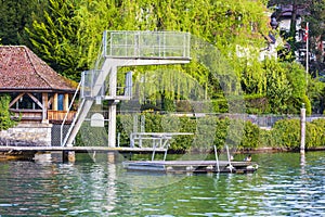 Small floating pier for boat in lake and river