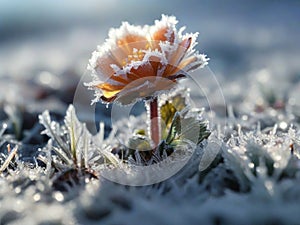 small flower in frost, freezing, frost, sunny day, high contrast