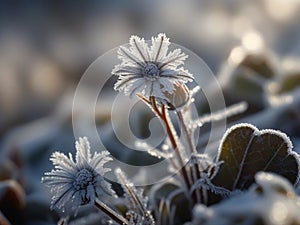 small flower in frost, freezing, frost, sunny day, high contrast
