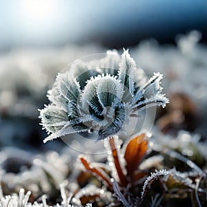 small flower in frost, freezing, frost, sunny day, high contrast