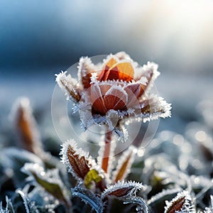 small flower in frost, freezing, frost, sunny day, high contrast