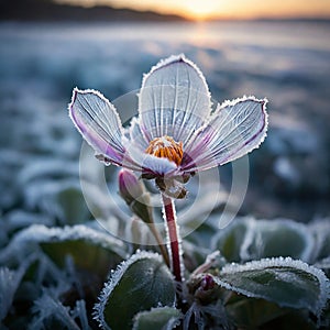 small flower in frost, freezing, frost, sunny day, high contrast