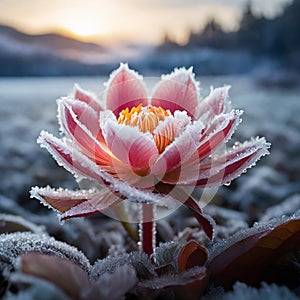 small flower in frost, freezing, frost, sunny day, high contrast