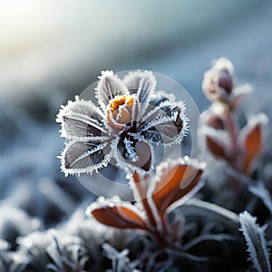 small flower in frost, freezing, frost, sunny day, high contrast