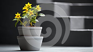 a small flower pot with yellow flowers sitting on top of some stairs