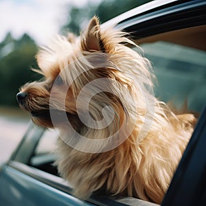 A small fluffy dog Yorkshire terrier leans out of the window of a moving car, its fur flutters in the wind