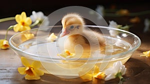 A small fluffy duckling sits in a clear bowl of water surrounded by yellow and white flowers on a wooden surface