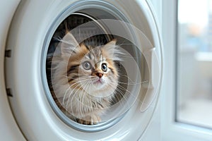 A small fluffy kitten looks out of the washing machine in the laundry room. Cat in the bathroom