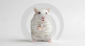 A small, fluffy white hamster (Cricetinae) stands upright against a plain white photo