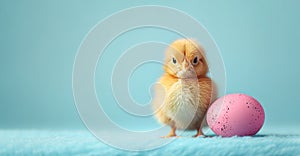Small fluffy yellow cute baby chick standing by a pink easter egg on blue background