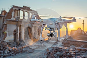 Small flying drone with camera hovers over destroyed war city ruins at sunset