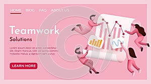 Small flying people around business solution or user experience elements working together. Teamwork concept.