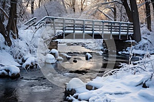 small footbridge spanning across a partially frozen creek
