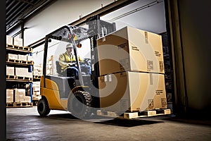 small forklift carrying boxes through large warehouse