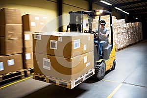 small forklift carrying boxes through large warehouse