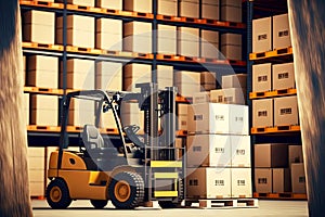 Small forklift carrying boxes through large warehouse