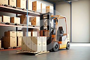 Small forklift carrying boxes through large warehouse