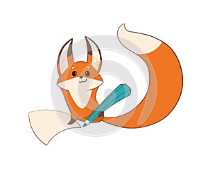 A small fox with a pencil in a paw and a sheet of paper is preparing to draw or write. Cute animal of red color with a