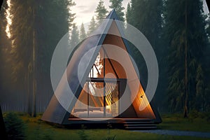 small a-frame cabin made of light wood located in stee zone