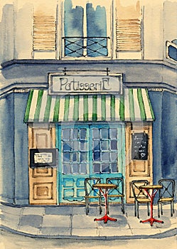 A small French bakery under a striped marquee