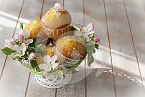 Small freshly muffins in lace wicher basquet and spring flowers, copy space photo