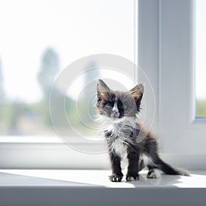 Small funny black and white kitten 1.5 months sits on the windowsill near the window