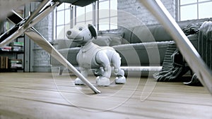 small funny robotic smart dog wakes up in the room. 4k animation.