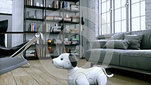 small funny robotic smart dog wakes up in the room. 4k animation.