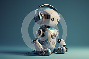 Small futuristic Ai robot listening to music headphones. Ai generated