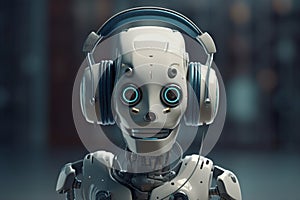 Small futuristic Ai robot listening to music headphones. Ai generated